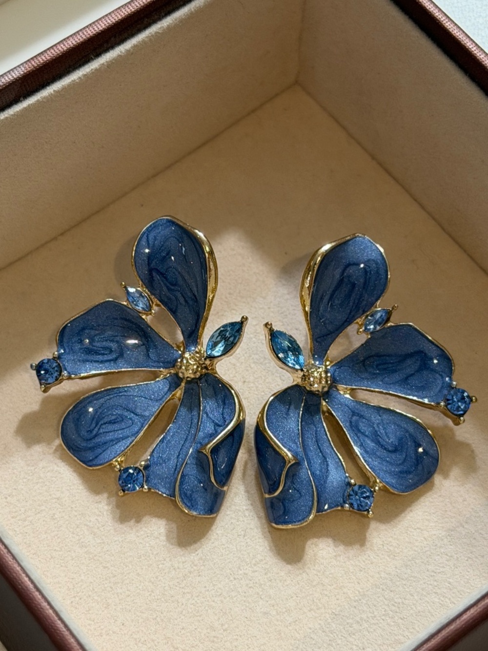 Golden Blue Enamel Half Flower Statement Earrings Inlaid Blue Crystal